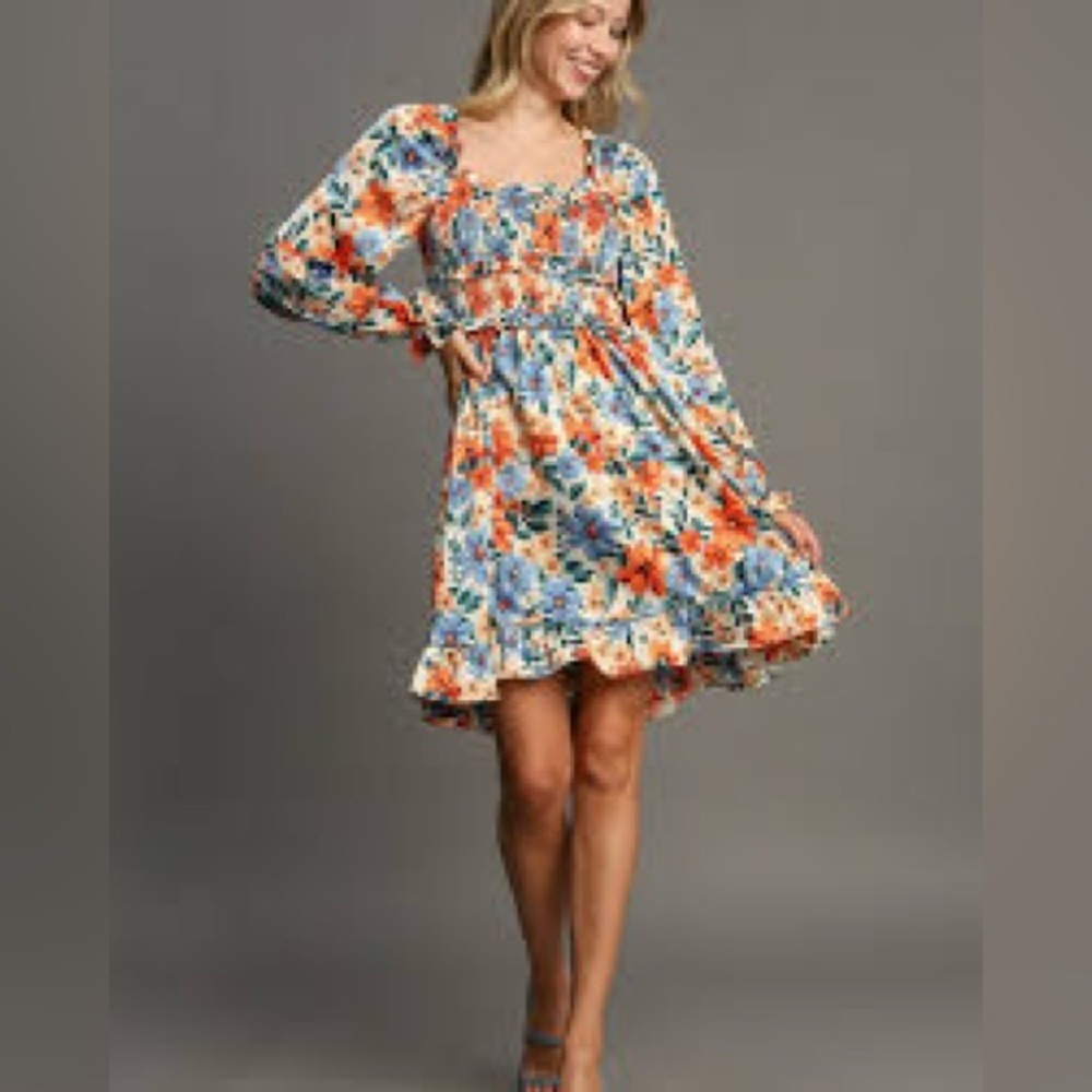 402 - Umgee NWT Floral Long Sleeve Dress - Vibrant Orange and Blue, Size S - L